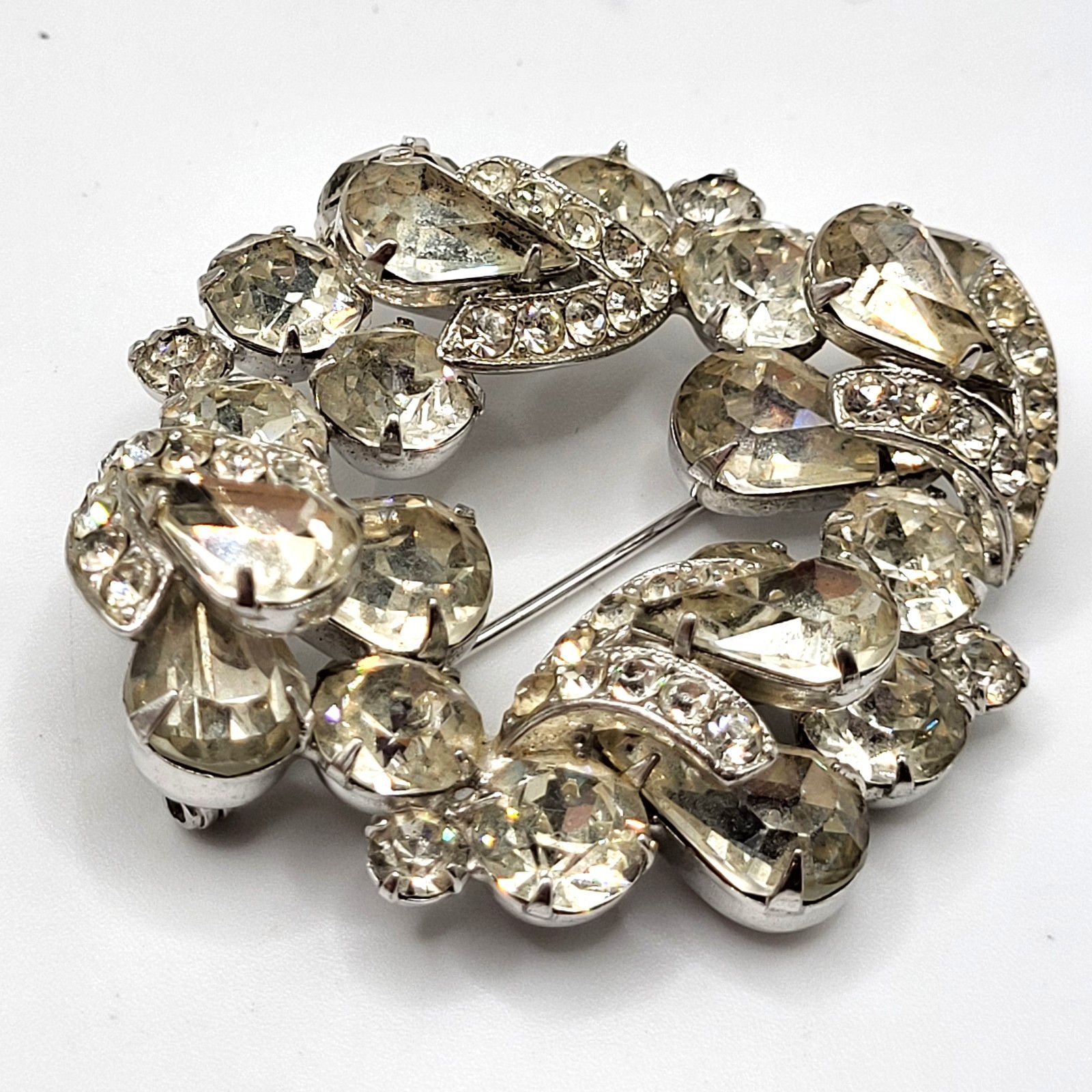 Vintage Eisenberg Clear Rhinestone Brooch Pin Costume Jewelry Silver Toned 2in